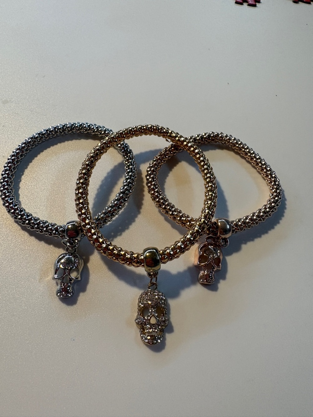Gold and Silver Crystal Skull Charm Stretch Bracelets - Women Jewelry